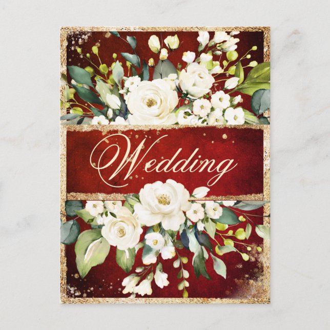 White Red Gold Botaniical Floral Rustic Wedding Invitation Postcard (Front)