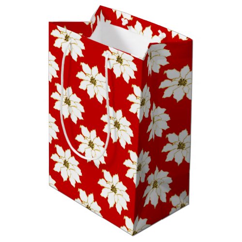 White Red Gold Poinsettia Pattern   Medium Gift Bag