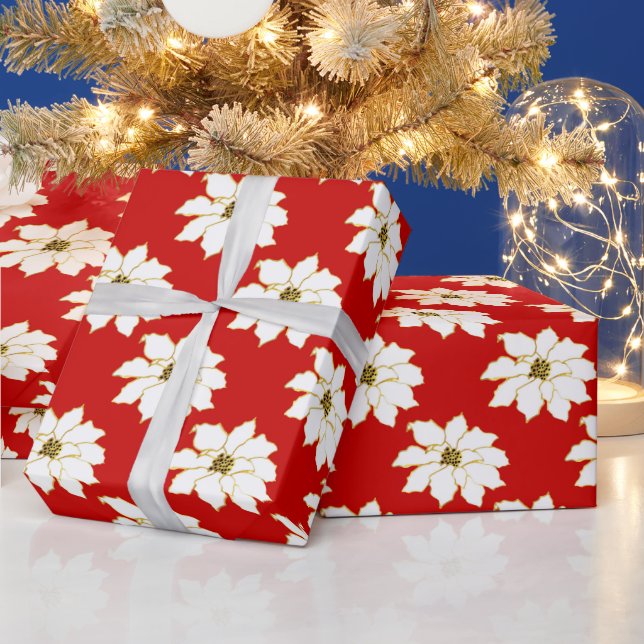 White Red Gold Poinsettia Pattern  Wrapping Paper (Holidays)