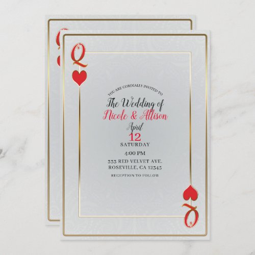 White  Red Gold Queen of Hearts Elegant Wedding Invitation