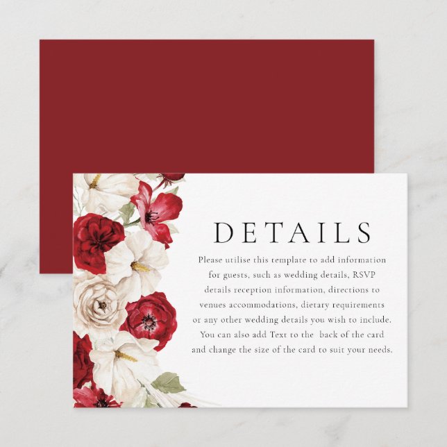 White & Red Gorgeous Floral Wedding Details Enclosure Card (Front/Back)