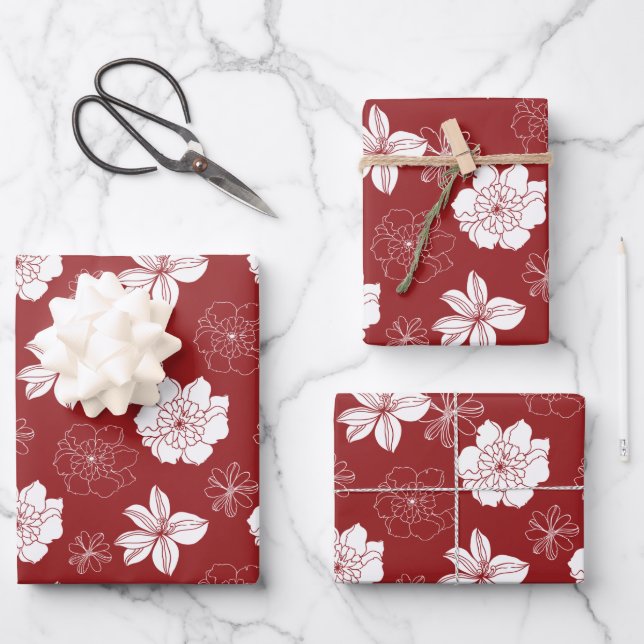 White & Red Graphic Floral Pattern Wrapping Paper Sheets (Front)
