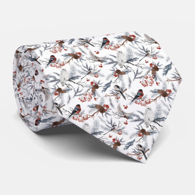 White Red Gray Birds Tree Branches Classic Men's Neck Tie (Rolled)