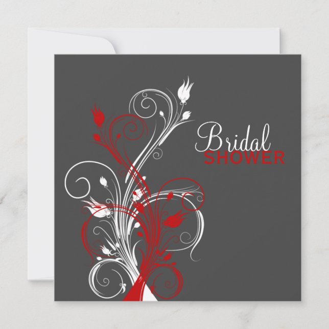 White, Red, Gray Floral Bridal Shower Invitation (Front)