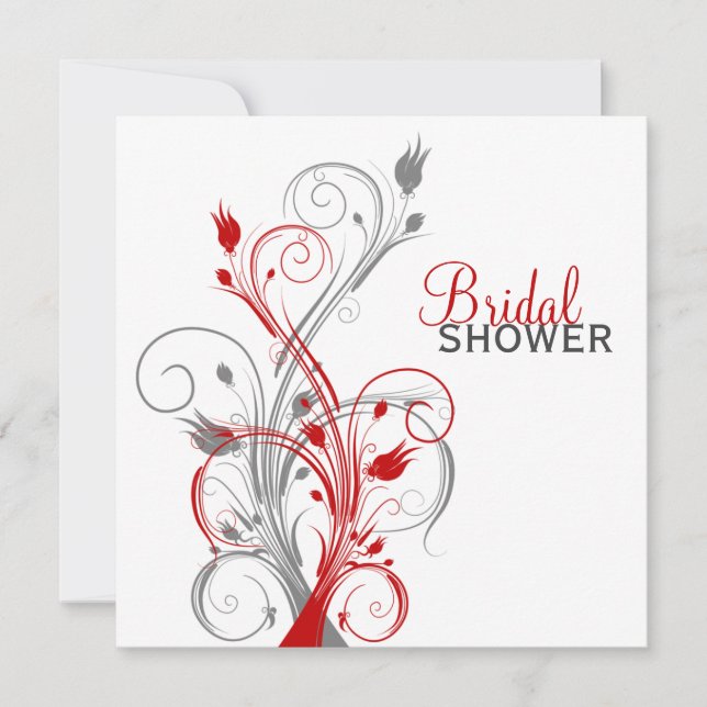 White, Red, Gray Floral Bridal Shower Invitation (Front)