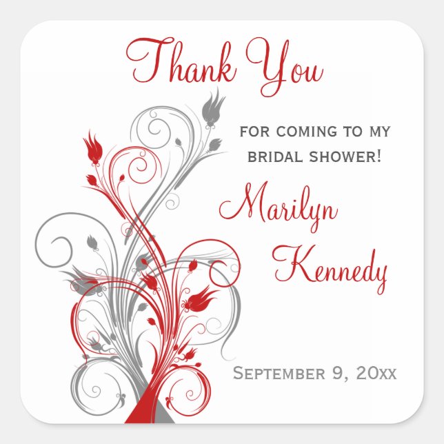 White, Red, Gray Floral Bridal Shower Sticker (Front)