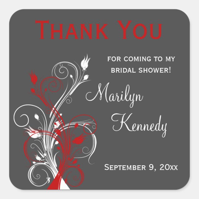 White, Red, Gray Floral Bridal Shower Sticker (Front)