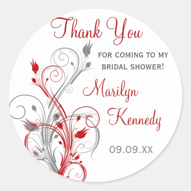 White, Red, Gray Floral Bridal Shower Sticker (Front)