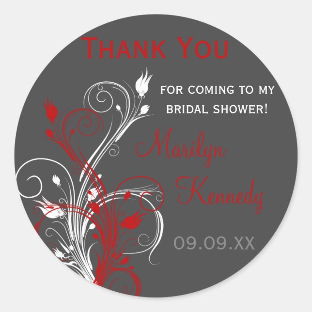 White, Red, Gray Floral Bridal Shower Sticker (Front)