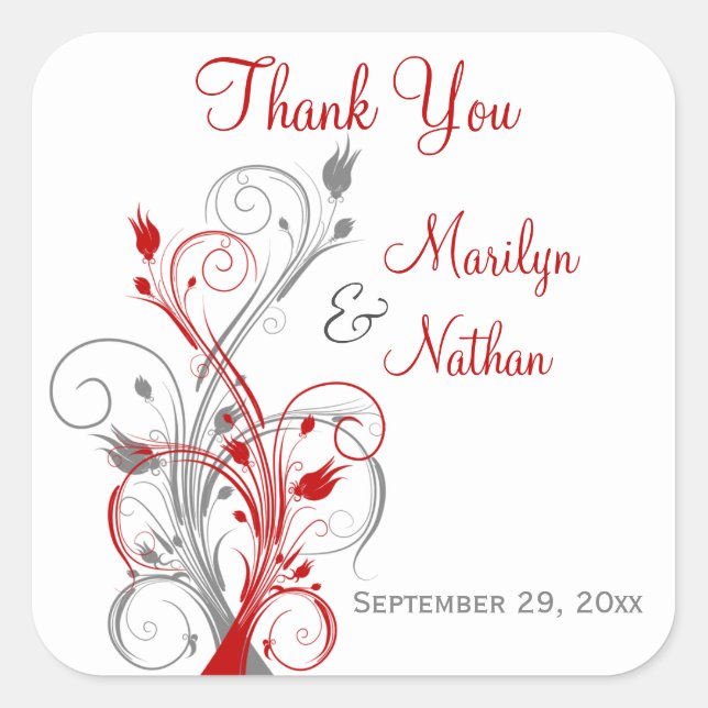 White, Red, Gray Floral Wedding Favor Sticker (Front)
