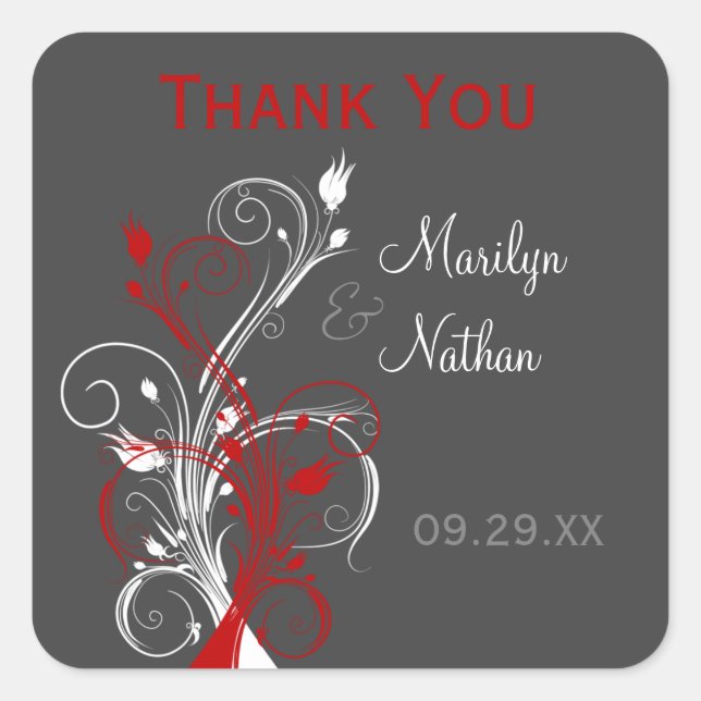 White, Red, Gray Floral Wedding Favor Sticker (Front)