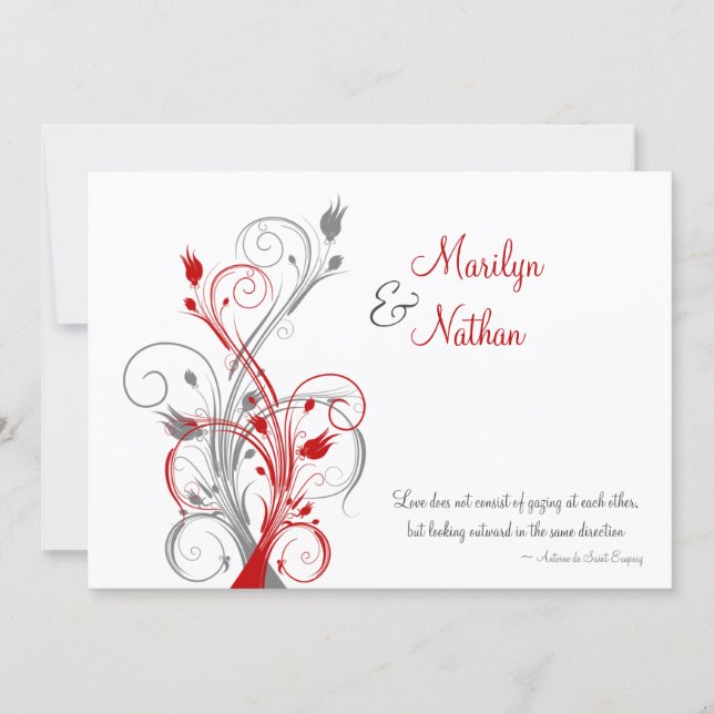 White, Red, Gray Floral Wedding Invitation (Front)