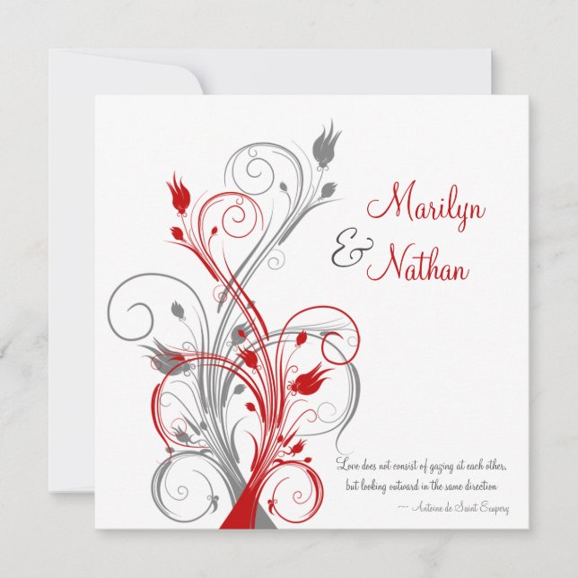 White, Red, Gray Floral Wedding Invitation (Front)