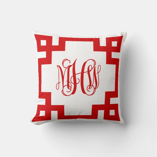 White Red Greek Key Vine Monogram DIY BG Throw Pillow (Front)