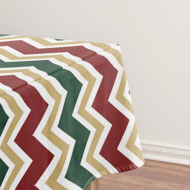 White Red Green Beige Chevron Pattern Tablecloth (In Situ)