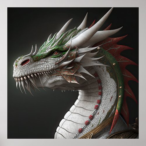 White red green dragon portrait AI art  Poster