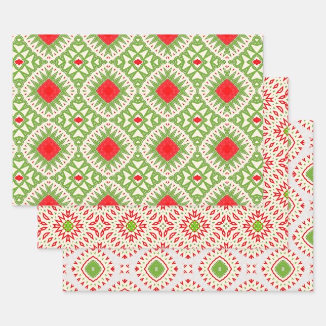 White Red Green Ethnic Bohemian Mosaic Patterns Wrapping Paper Sheets (Set)