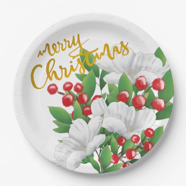 White Red Green Floral Gold Merry Christmas Paper Plates (Front)