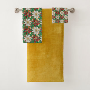 White Red Green Gold Poinsettia Bath Towel Set