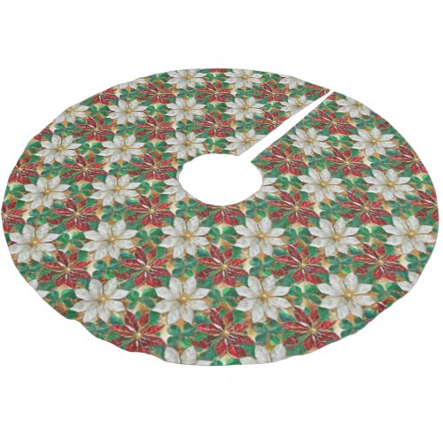 White Red Green Gold Poinsettia Brushed Polyester Tree Skirt