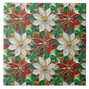 White Red Green Gold Poinsettia Ceramic Tile