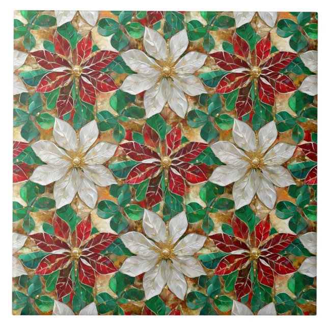 White Red Green Gold Poinsettia Ceramic Tile (Front)