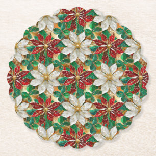 White Red Green Gold Poinsettia Paper Coaster