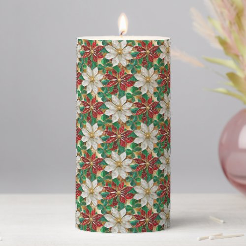 White Red Green Gold Poinsettia Pillar Candle