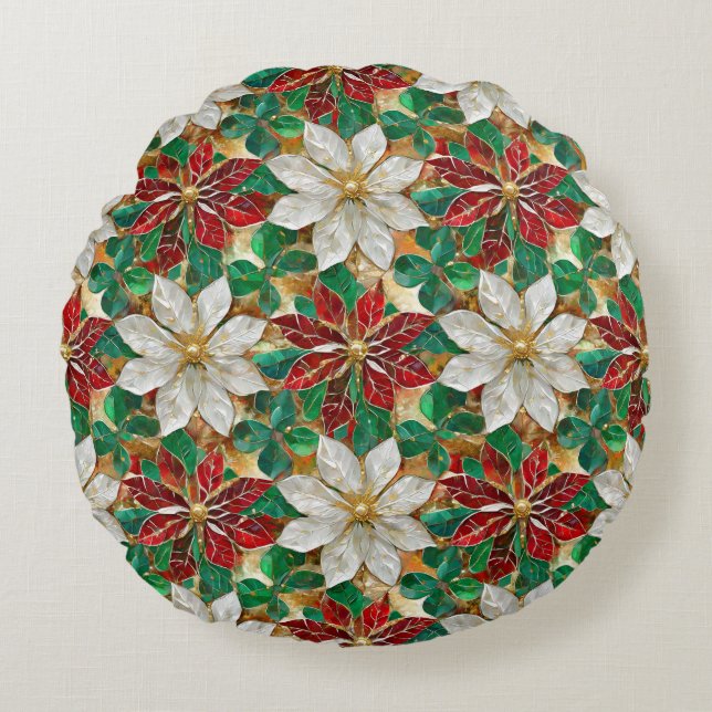 White Red Green Gold Poinsettia Round Pillow (Front)