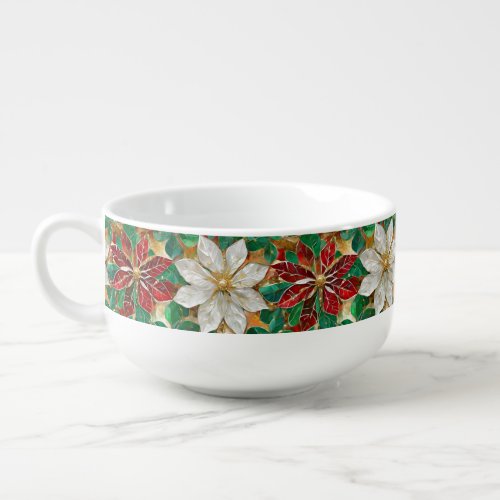 White Red Green Gold Poinsettia Soup Mug