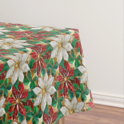 White Red Green Gold Poinsettia Tablecloth