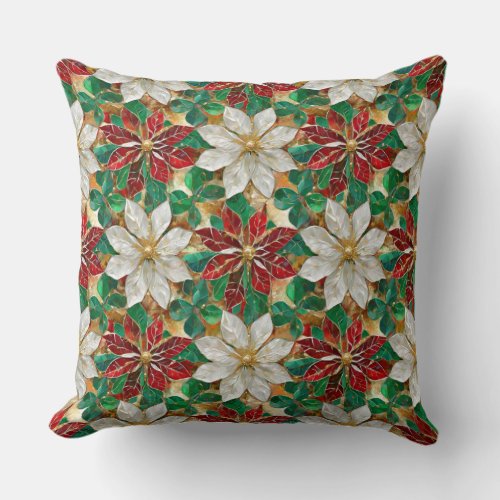 White Red Green Gold Poinsettia Throw Pillow