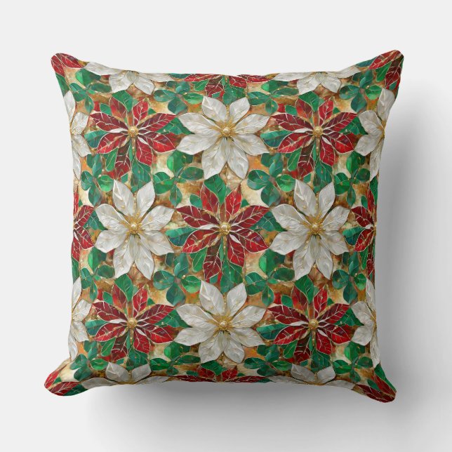 White Red Green Gold Poinsettia Throw Pillow (Front)