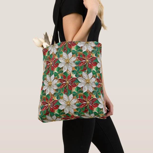 White Red Green Gold Poinsettia Tote Bag (Close Up)