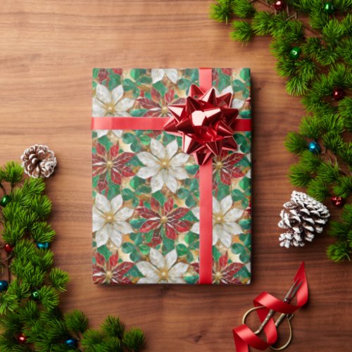 White Red Green Gold Poinsettia Wrapping Paper