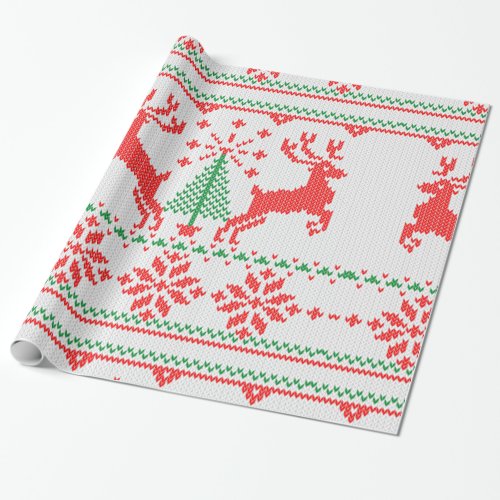 White Red Green Knit Christmas Sweater Style Wrapping Paper