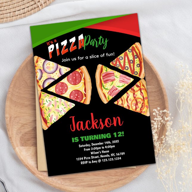 White Red Green Pizza Birthday Invitations (White Red Green Pizza Birthday Invitations)