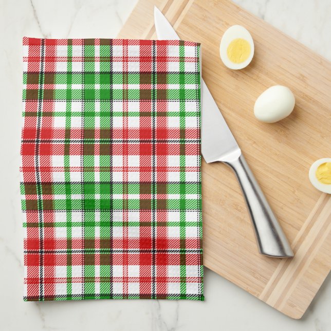 White Red Green Plaid Tartan Design  Kitchen Towel (Quarter Fold)