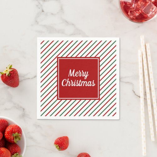 White Red Green Stripes Merry Christmas Holiday Napkins