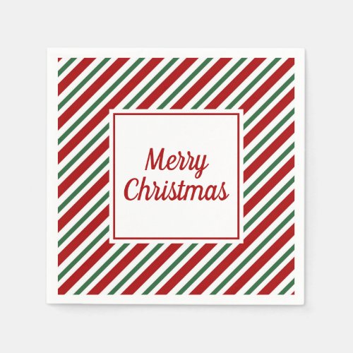 White Red Green Stripes Pattern Merry Christmas Napkins