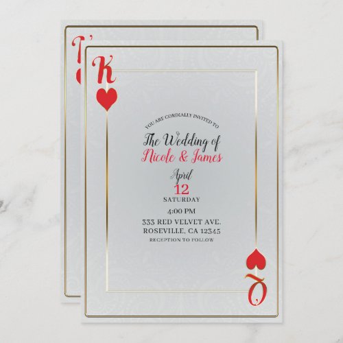 White Red King  Queen of Hearts Elegant Wedding Invitation