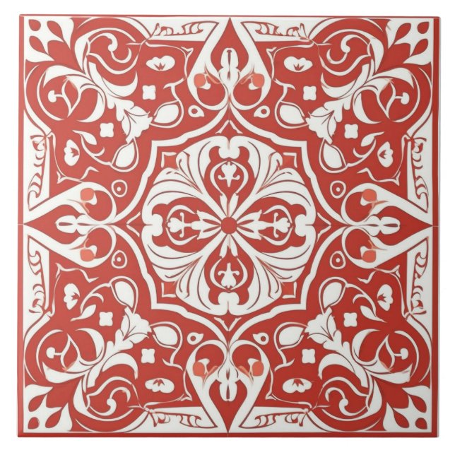 White & Red Mediterranean Ceramic Tile (Front)