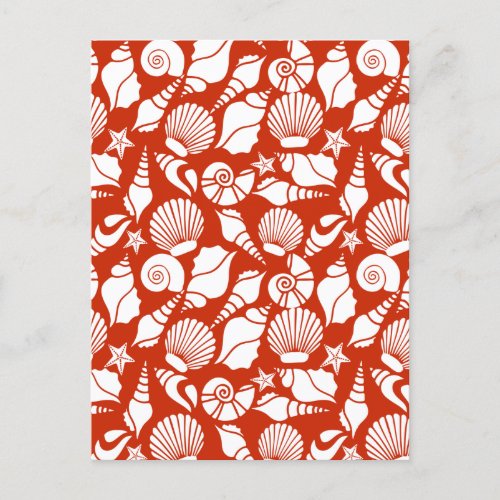 White Red Ocean Nautical Seashells Pattern Holiday Postcard