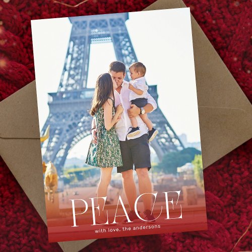 White  Red Overlay Photo Modern PEACE Holiday Card
