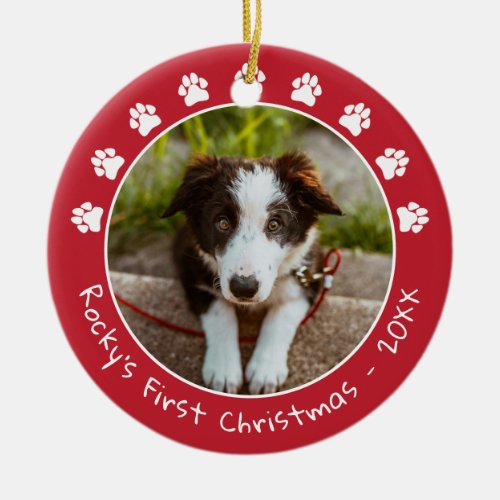 White Red Paw Prints Pets First Christmas Photo Ceramic Ornament