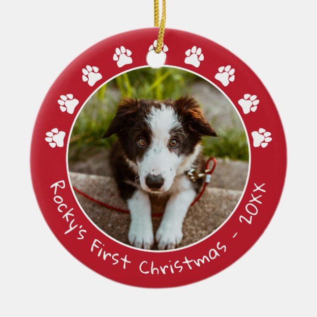White Red Paw Prints Pet's First Christmas Photo Ceramic Ornament (Front)