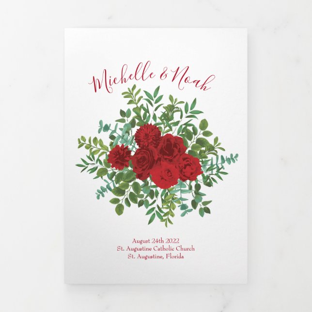 White & Red Peony & Rose Floral Wedding Programs (Cover)