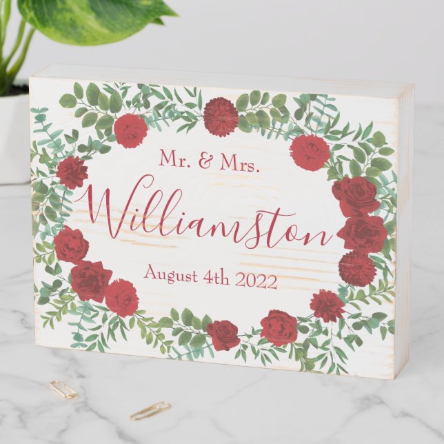 White & Red Peony Rose Floral Wedding Wooden Box Sign (In Situ Horizontal)