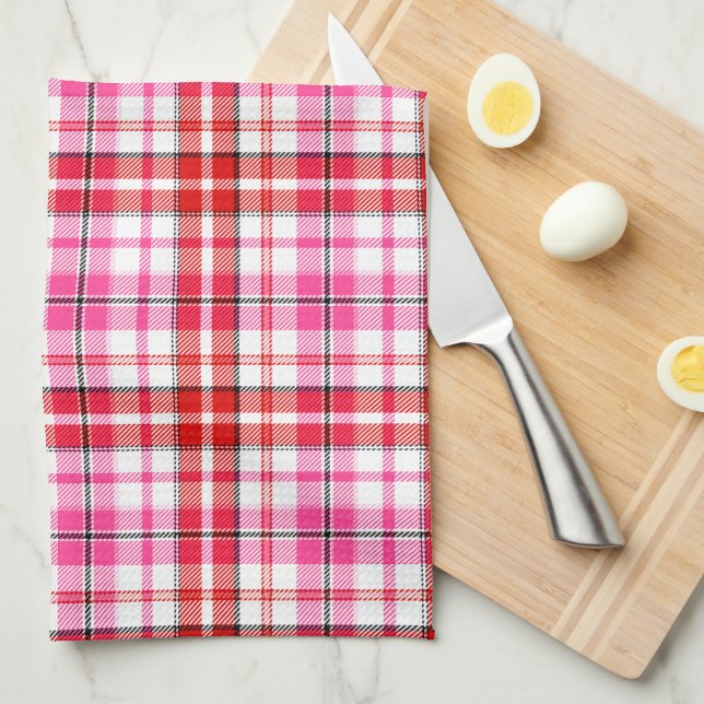 White Red Pink Plaid Tartan Design  Kitchen Towel (Quarter Fold)
