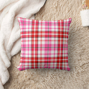 White Red Pink Plaid Tartan Design Throw Pillow